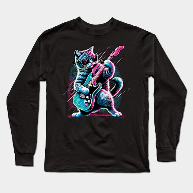Electric Guitar Cat Rock Music Retro Funny Cat Long Sleeve T-Shirt by KsuAnn
